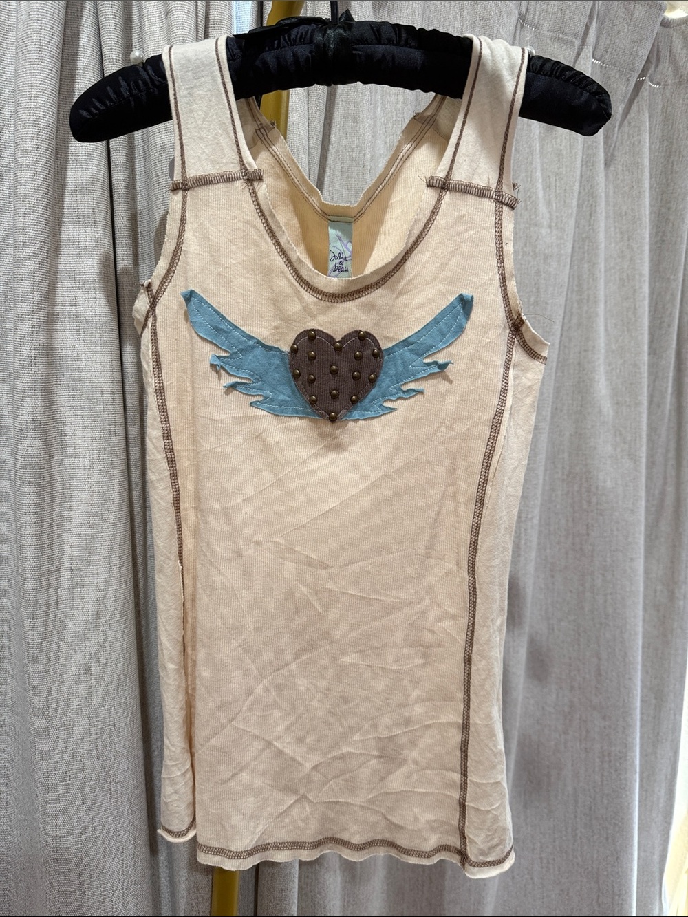 Cream Tank Top with Blue Winged Heart Applique - Unbranded